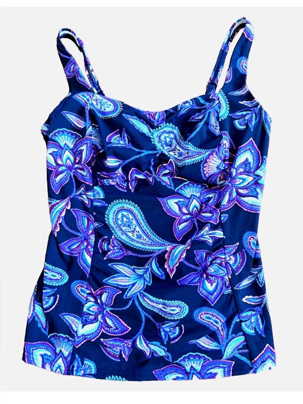 Lands’ End Petite 8P Underwire Tankini Swim Top Tummy Control Paisley Floral
